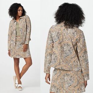 Isaac Mizrahi Live! Always Isaac 2X Brown Black Print Knit Denim Zip Jacket